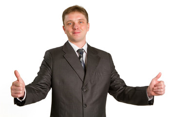 businessman showing his thumbs up with smile over white