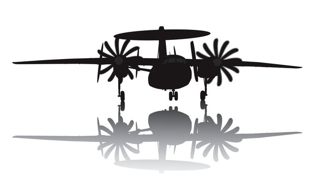 Awacs aircraft take off. Vector silhouette with reflection