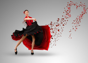 Smiling flamenco dancer with heart shaped paint splatter coming - obrazy, fototapety, plakaty