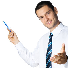Business man showing area for sign or copyspace