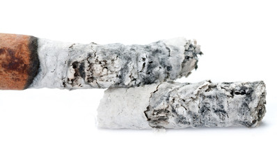 Cigarette ash on white background