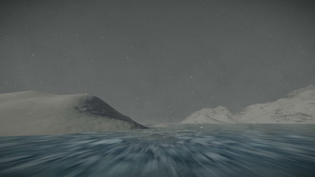 Flying over frozen lake and mountains