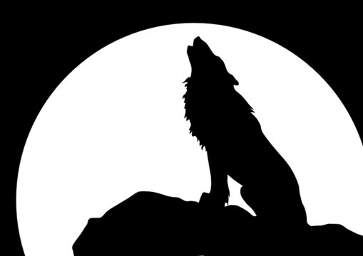 Heulender Wolf vor Mond, sitzend