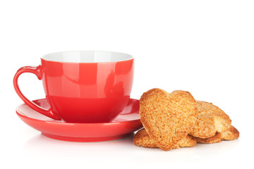 Red coffee cup and heart shaped cookies