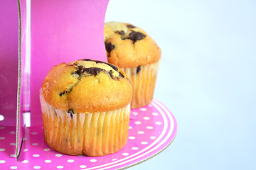 Muffins with chocolate on the stand