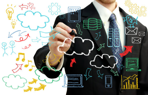 Businessman with cloud computing themed pictures