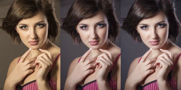 3 photos: original, color correction and retouch