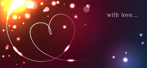 Vector love card with heart and lights on dark background