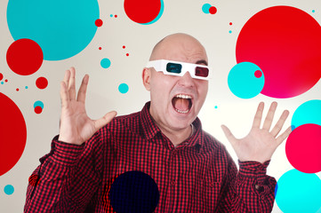 Scared man with 3d anaglyph glasses