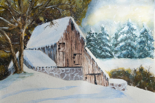 winter countryside house, watercolor on canvas