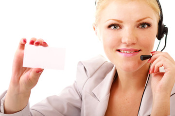 A friendly customer service girl with a blank,