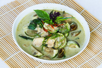 Green curry on bamboo wrap