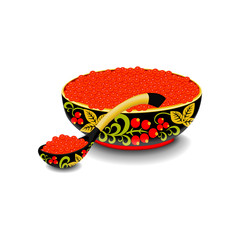 Red caviar on the wooden spoon and bowl painted in style hohloma