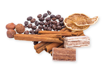 coffee beans, cinnamon and lemon