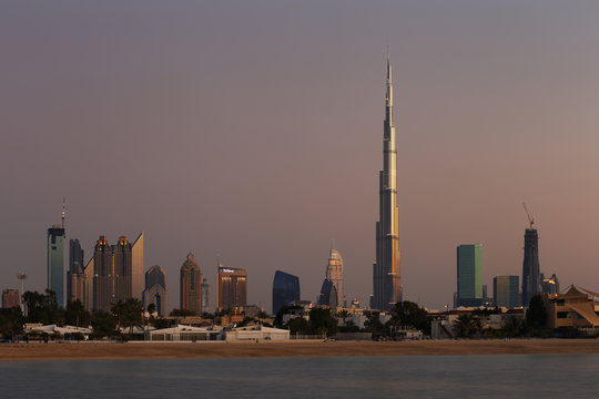 Dubai Skyline at dusk looking from Jumeirah Beach