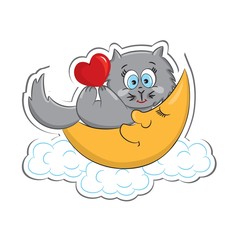A cute cat with heart lying on the moon. Sticker. Vector