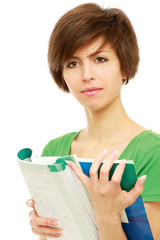 Young female holding an open book.