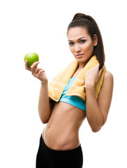 Athletic woman hands ripe green apple, isolated on white