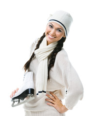 Smiling female figure skater hands skates, isolated
