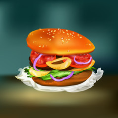 Hamburger with tomato, lettuce, onion and meat.Fast food.Vector