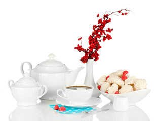 Beautiful white dinner service with an air meringues isolated