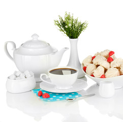 Beautiful white dinner service with an air meringues isolated