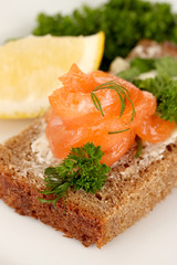 Salmon sandwich on plate, close up