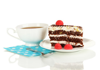 A cup of tea and delicious cake isolated on white