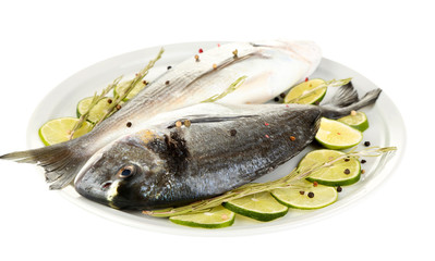 Two fish dorado with lemon on plate isolated on white