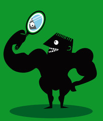 Funny cartoon man looking himself in the mirror