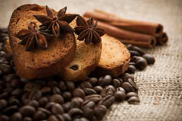 Fototapeta na wymiar Full-flavored crackers with roasted coffee beans