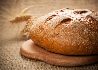 rye bread on burlap background