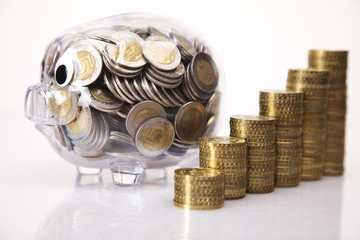 Pig bank and money, Rising Coins 