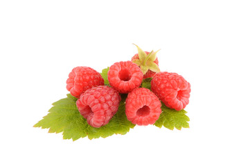 Sweet fresh raspberry fruit with green leaf