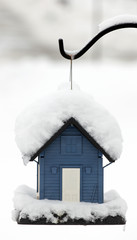 Hanging Blue Snow Covered Bird House