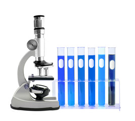 Medical test tubes in holder and microscope on white background