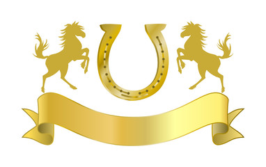 Goldenes Reiterabzeichen mit Hufeiesen und Schriftband