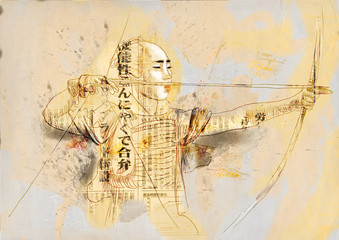 Kyudo - modern Japanese martial art. / Hand drawn illustration. © kuco