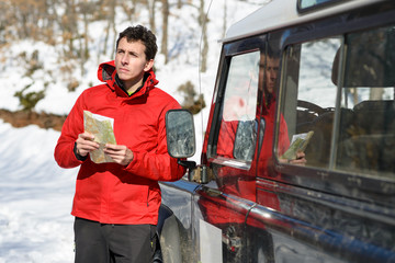 Travel adventure off road man in winter