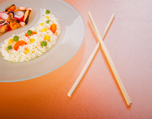 Seafood with side dish and chopsticks. Healthy food