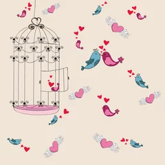 Papier Peint photo Lavable Oiseaux en cages Fond d& 39 amour d& 39 oiseau de liberté de la Saint-Valentin