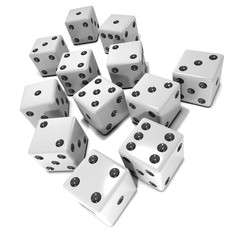 White dice scattered in white background