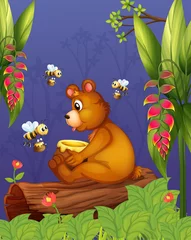 Abwaschbare Fototapete Bären Ein Bär mit drei Bienen im Wald