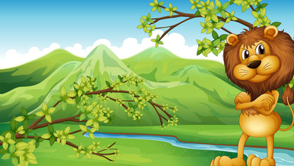 An angry lion in the riverbank © GraphicsRF