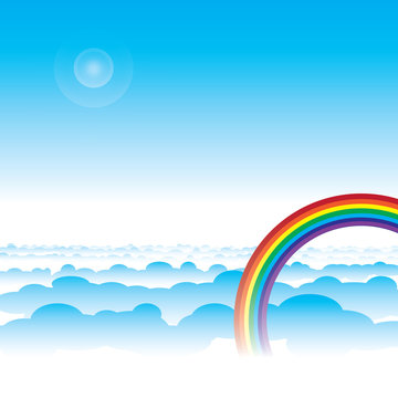 Rainbow and blue sky with cloud layers vector
