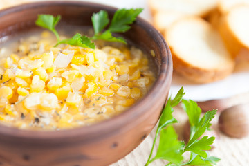 fragrant yellow pea soup in bowl