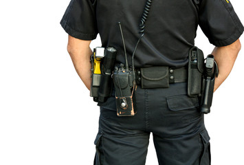 Police Officer from behind wearing gun belt