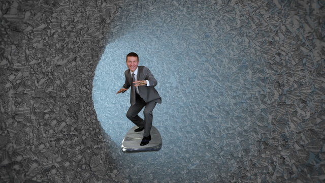 Businessman Surfing inside a Tube of Crumpled Documents