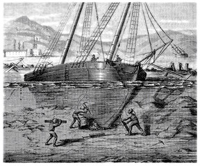 Refloating a Ship - Bateau : Remise &agrave; Flot - 19th century