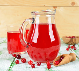 Cranberry juice in a jug on a white table